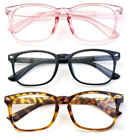 3Pcs Blue Light Blocking Glasses for Women, Stylish Rounded Square Glasses | Three Colour Choices, Stylish Clear Lens, Lightweight Fit, Easy Outfit Matching, Work and Screen Use