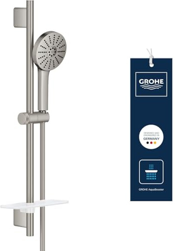 GROHE Vitalio Joy+ 120, Duschset wassersparend, 6l pro Min (Brausestangenset mit: Duschkopf 3 Strahlarten, 1,75m Schlauch, Duschstange zum kleben oder bohren, inkl. Ablage), edelstahl, 134866DC00