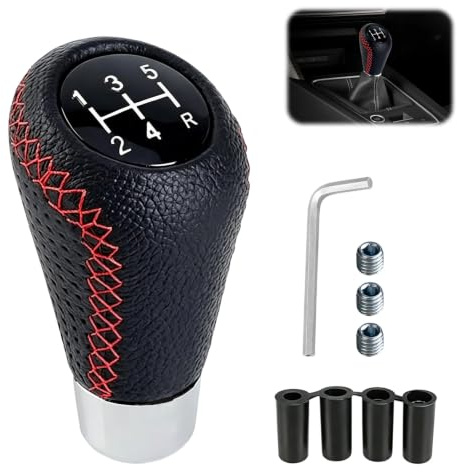 Car Gear Shift Knob 5 Speed, PU Leather Gear Stick with 8/10/12mm Adapters | Black PU leather gear knob with red stitching and 8mm, 10mm, 12mm adapters for most manual cars, SUVs, trucks and vans