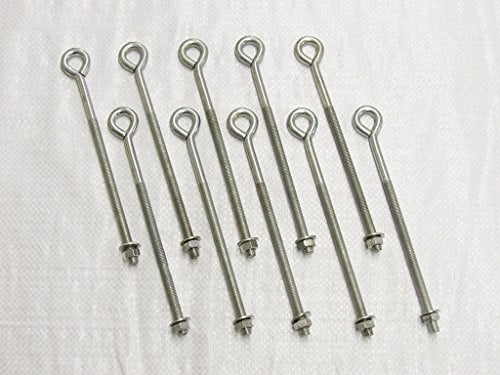 x10 M6 X 300MM Zinc Plated Folded Straining Eyebolts Nut & Washer - Wire Support Fencing Straining