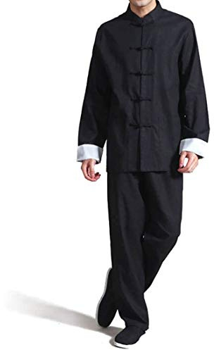 Men's Cotton Linen Kung Fu Suit Chinese Martial Arts Uniform Meditation Suit Roll-Up Sleeve Frog Button Shirt Pants Outfit (Black, XL)