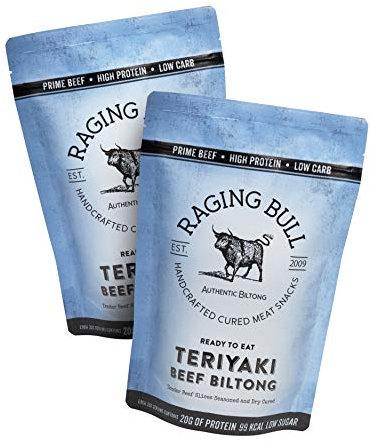 Raging Bull 500g Teriyaki Biltong Pack - 2 x 250g Pack - High Protein Snacks - Grass Fed Beef Biltong - Low Carb Keto Snacks - MSG Free Carnivore Snacks - Natural Meat Low Calorie Snacks