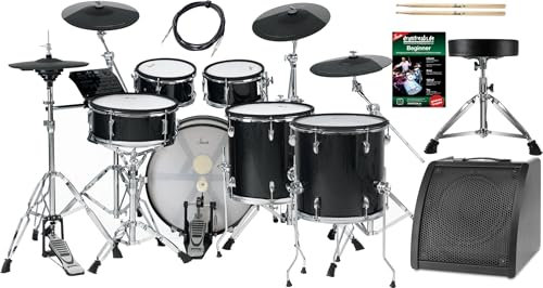 XDrum DD-670 PLUS Mesh E-Drum Kit Live Set - elektronisches Schlagzeug mit HiHat und Holzkesseln - 20 Kick-Pad - 720 Sounds - inklusive Hardware, Hocker, Monitor, Kabel und Sticks - Black Sparkle