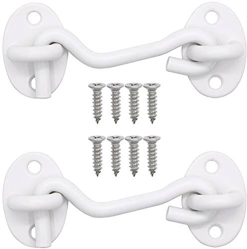 QJZXUEZHEN 2Pcs 3 inch Barn Door Lock, Cabin Hook Eye Latch Gate Hook with Mounting Screws (White)