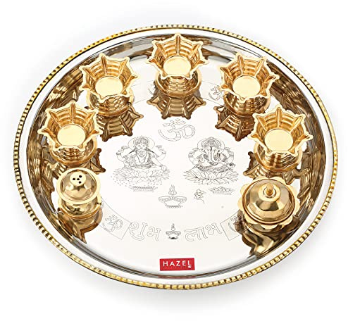 HAZEL Edelstahl Puja Pooja Aarti Thali Set 28 cm mit 5 Diva, 1 Räucherstäbchenhalter und Kumkum Wati, Silber