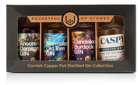 Pocketful Of Stones Cornish Gin Gift Set – 4 x 5cl Premium Spirits Featuring Caspyn, Damson, Old Tom & Dandelion & Burdock. Gift for Gin Lovers