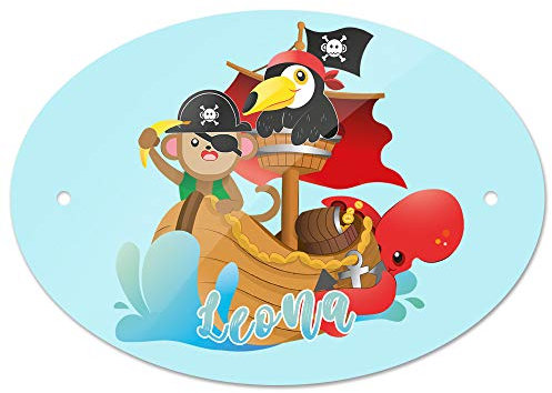 Eurofoto Türschild mit Namen Leona und Tier-Piraten-Motiv | Kinderzimmer-Schild