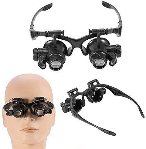 LED-Lupe Brille mit Verstellbarem Licht, Handsfreie Kopf-Lupe für Brillenträger – Diamant Schmuck Briefmarken Zahnarzt Reparatur – 4 Wechselobjektive Adjustable LED Lighting