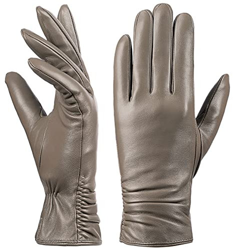 Damen Winter-Lederhandschuhe mit Touchscreen Text, warmes Lammfell, 100% reines echtes Leder (Beige, M)