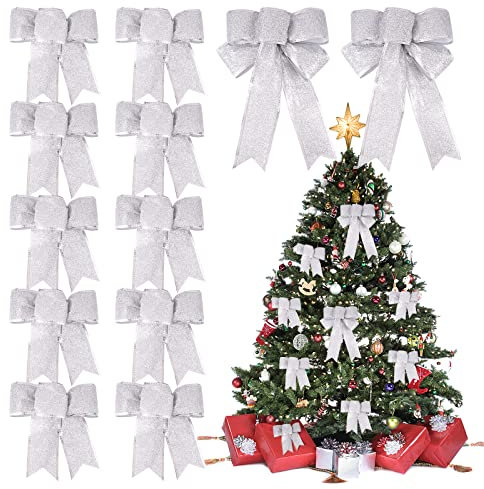 BETESSIN 12 Stücke Weihnachtsschleifen Silber Weihnachten Schleifen Deko Weihnachtsbaum Schleifen Glitzer Weihnachtsbaumschmuck Weihnachtsdeko Weihnachtskranzdeko Homedeko