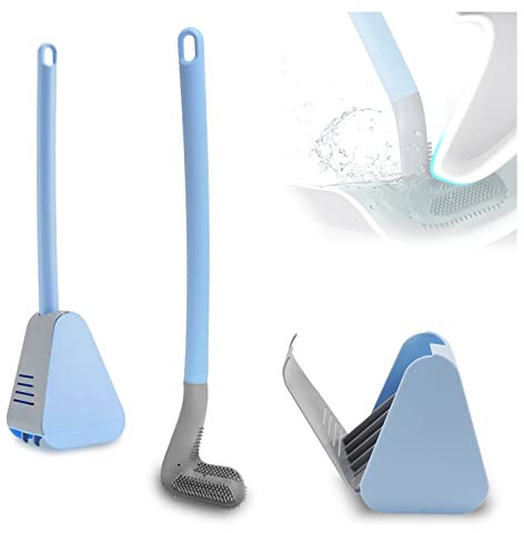FuninCrea Golf Toilettenbürste, Neuer Silikon Toilettenbürste und Halter Set mit langem Griff 360° Keine Toten Ecken Tiefenreinigung WC-Reinigungsbürste Haushalt Wandmontierte Toilettenbürste (Blau)