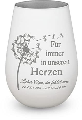 Trauerlicht Gedenklicht Andenken Windlicht Trauergeschenk Tod Erinnerung Teelichtglas Grablicht Kistallglas weiß Pusteblume mit Gravur Name und Datum