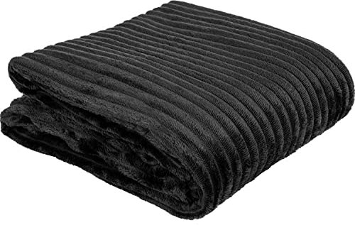 Euromat Flanell Mikrofaserdecke Kuscheldecke Decke Bettüberwurf Streifen 150x200 cm (Schwarz)
