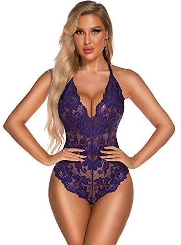 EVELIFE Body da donna in pizzo sexy Teddy Lingerie cattivo un pezzo floreale biancheria intima, Viola, XL