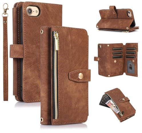 UEEBAI Case for iPhone 7 Plus/iPhone 8 Plus, 9 Card Slots Retro Leather Wallet Shockproof Flip Cover with Hand Strap Card Slots Zipper Pocket Kickstand Handbag Magnetic Closure - Vintage Brown