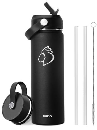 Insulated Water Bottle with Straw, BUZIO Stainless Steel Water Bottle 700 ml Wide Mouth Cold for 48 Hrs Hot for 24 Hrs Insulated Bottle 2 lids, Black
