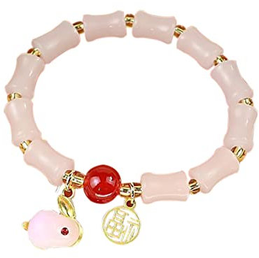 HEVIBK Bracelet en jade bambou lapin, fait main, haute qualité, bracelet mode, bracelet décontracté (Rose)