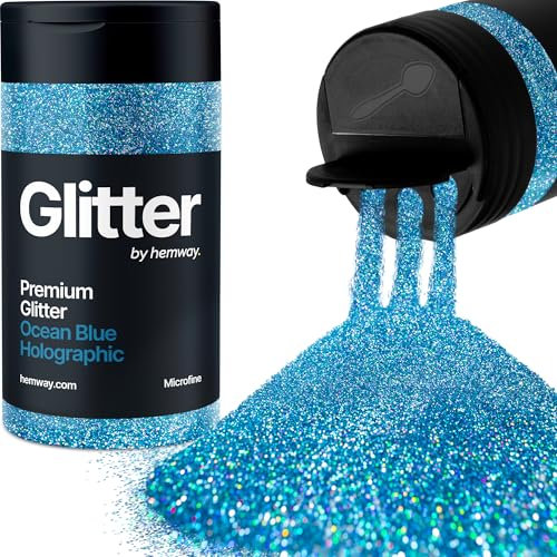 Hemway Premium Glitter Shaker - Ocean Blue Holographic | Microfine Metallic Flake Sequins for Resin & Epoxy Crafts | Craft Supplies for Tumblers, Festival, Hair, Face, Body, Eye & Nail Art | 125 g