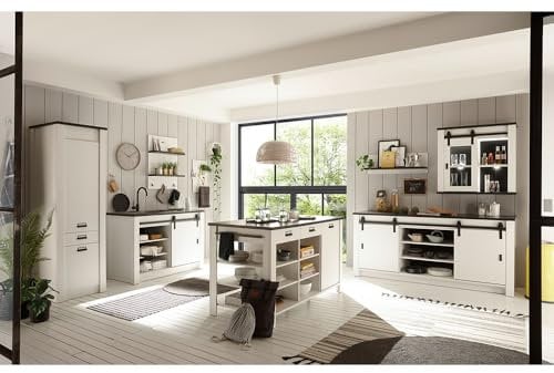 Küchenmöbel Küche Komplett Set, Stauraumschrank mit Softclose, Spültisch 133cm + 201cm mit Scheunentorbeschlag, Hängeschrank mit Schiebetür, Wandregalen, offener Kücheninsel in Pinie weiß Nb. mit grau