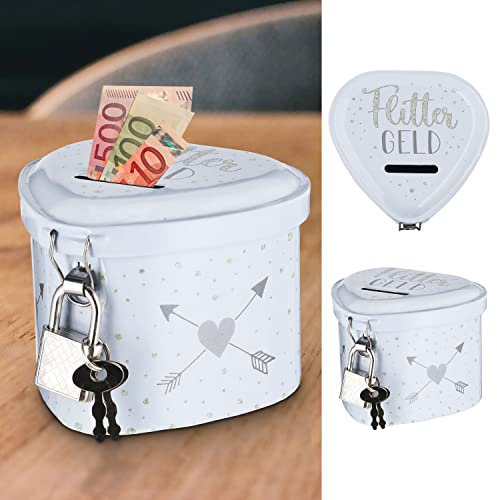 Spardose Herz Flittergeld │ Metall 8x6x7,5cm weiß Gold grau│ Einwurfschlitz Schloss (1 x Spardose Flittergeld)