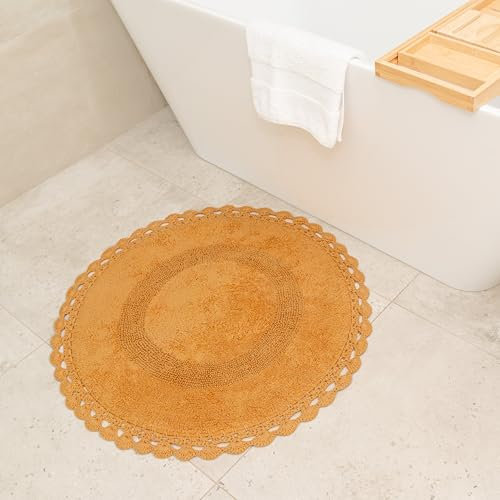BIEN BEAU Runder Bohemian-Badezimmerteppich mit Häkelkontur, 100 % Baumwolle, wendbar, rund, Boho-Stil, Schlafzimmerteppich, Boho-Badezimmerdekoration, rutschfeste Unterseite, gelber Honig-Senf, 76,2