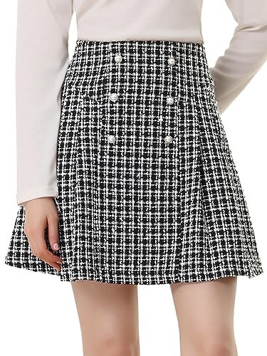 Allegra K Damen Tweed Rock Hoher Bund Karierter Elegant A-Linien Kurz Karo Rock Schwarz-Weiss XL