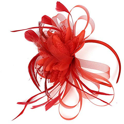SJTJSPX Fascinator Hut Damen Mädchen Hut Fascinator Zubehör Haar Mesh Netz Hut Hochzeit Elegant Schleier Stirnband Clip Haarreif Braut Kirchenhüte Tea Party Cocktail Royal Ascot, rot, Einheitsgröße