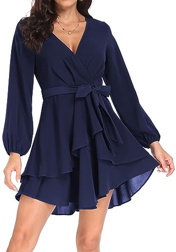 PCEAIIH Women's Cocktail Dresses Long Sleeve Empire Skater Dress Deep V-Neck Waist Tie Ruffle Mini Swing Dresses L Navy
