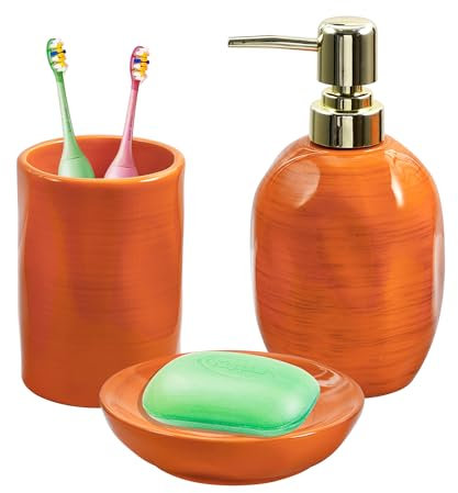 Badezimmer Set, 3 Teile Badezimmer Organizer - Zahnbürstenhalter, Seifenspender, Seifenschale, Keramik Badezimmer Zubehör, lebendige Orange Bad Deko