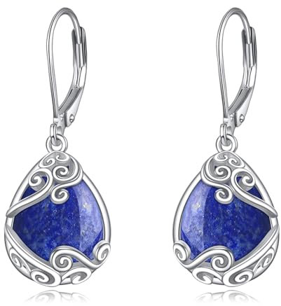 Lapislazuli Ohrringe für Damen 925 Sterling Silber Filigran Lapislazuli Tropfen Ohrringe Leverback Schmuck Geschenke (M-Lapislazuli)