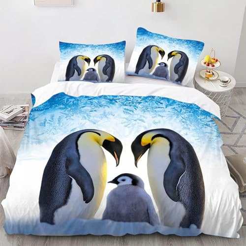 CHEFFS Pinguin Bettwäsche 135x200 Kinderbettwäsche Pinguin für Jungen Mädchen Biber Bettwäsche Set mit Pinguin 135 x 200 cm 3D Drucken Mit Reißverschluss (135 x 200 cm,1)