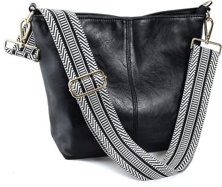 Huwzder Hobo Bags Umhängetasche aus veganem Leder, Gitarrengurt, Schultertaschen mit Reißverschluss, Handtaschen für Damen, Schwarz 2, Umhängetasche