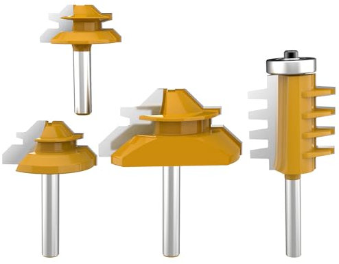 ROOCBIT 45 Degree Lock Miter Router Bit Set & Finger Joint Router Bit 1/4 Inch Shank Woodworking Milling Cutter Tool 4-Piece Set