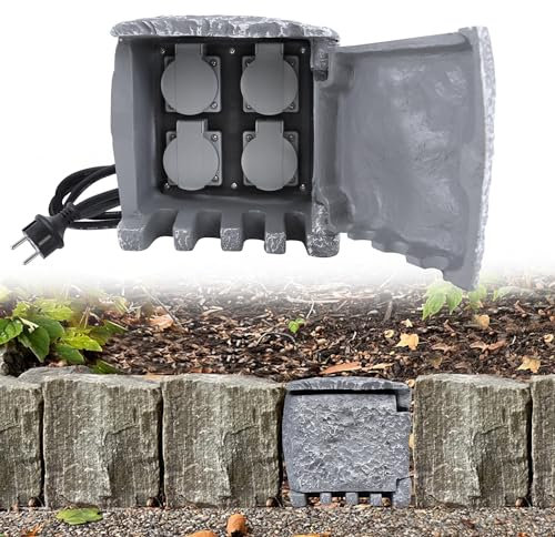 HENGMEI Gartensteckdose Steckdose Steinoptik 4 Schutzkontakt Steckdosen IP44 Wasserdicht Steckdosenverteiler mit Erdspieß (1.5m)