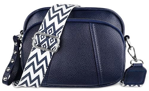 Jangostor Crossbody Bag Damen Breiter Gurt Leder Umhängetasche Damen Handtasche Damen Crossbody mit 3 Reißverschlussfächern und 2 Abnehmbar Schultergurt Blau Kleine Umhängetasche für Damen