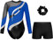 MSemis Gymnastikanzug Mädchen Turnanzug 3-teiliges Set Langarm Turnkleidung Tanzkostüm Gymnastikbody mit Kurze Hose Haarband Königsblau & Schwarz 146-152