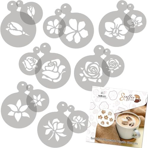 NAKLEO Pochoirs de Décoration Café et Biscuits 14Pcs 7x7 et 11x11cm, Plastique et Réutilisable, Fleurs Rose Tulipe, Art Artisanat DIY Bricolage, Capuccino Chocolat Gâteau Pâtisserie Cuisson