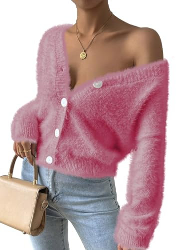 Viottiset Damen Pelzige Strickjacke Vorne Offen V-Ausschnitt Knopfleiste Locker Gestrickter Pullover Mantel Nelken XL