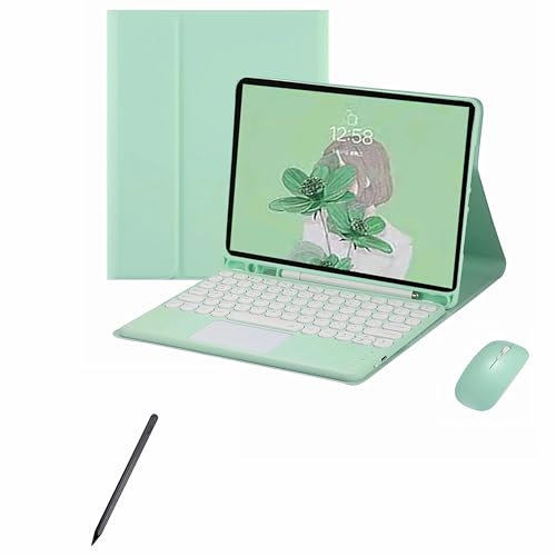 XFTeoux Funda con Teclado para Samsung Galaxy Tab S9 Plus 2023 (SM-X810/X816B),Teclado táctil inalámbrico Bluetooth Desmontable,Funda Folio de Cuero,Ratón & Teclado & Juego de lápiz.,Verde
