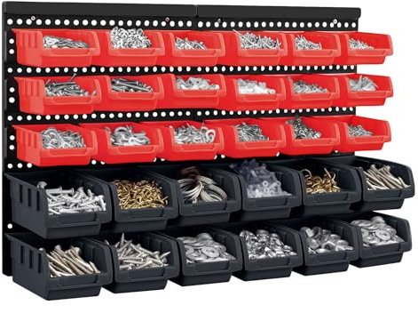 Holdfiturn 32Pcs Wall Mounted Storage Bins Backboard DIY Stackable Workshop Storage for Tools Hardwares Crafts 64 x 41cm Plastic Bin Panel Rack with Screws for Tool Shed Garage Workshop (Red+Black)