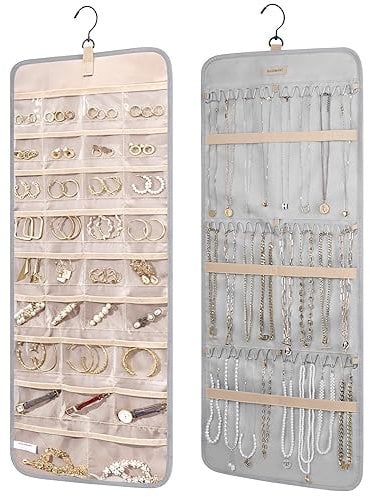 bagsmart Dual-sided Jewellry Organizer Hanging with Metal Hooks,40 Pockets and 3 Wave-Shaped Hooks,Jewelry Roll for Earrings,Necklaces,Rings on Closet,Wall,Door,1 Piece,Extra-Large,Grey