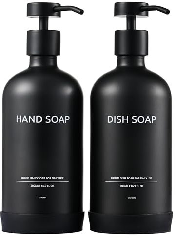 Janxin 2 pcs 500 ml Glass Bath Soap Dispenser, Dispensador de Jabón de Cristal Negro, Reusable Soap Dispenser, Soap Dispenser for Kitchen and Shower(Botella Negra espinilla)