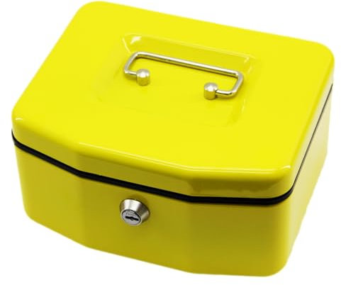 sopomarkt24 Geldkassette 8 Münzfächer Gelb, Geldbox mit Sicherheits-Zylinderschloss, Tragegriff, herausnehmbarer Kleingeldeinsatz, Stahlblech – für Business und Privat, 100x165x200mm