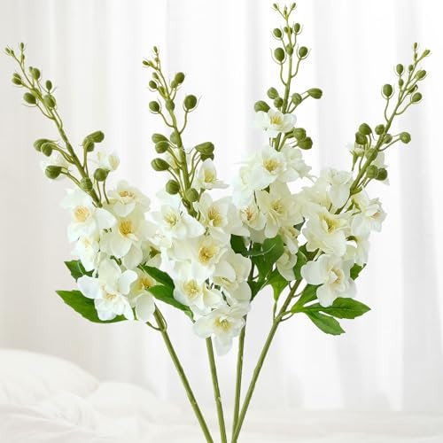 JINWOE White Artificial Flowers,4Pcs 26 Fake Delphinium with Long Stem for Tall Floor Vase,Large Lifelike Larkspur Plant Silk Flowers Home Wedding Office Party Arrangement Decoration