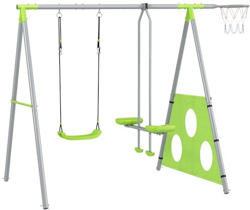 AIYAPLAY Columpios para Niños de +3 Años 4 en 1 Columpios Jardín Exterior con Columpio Planeador Portería de Puntería y Aro de Baloncesto Verde