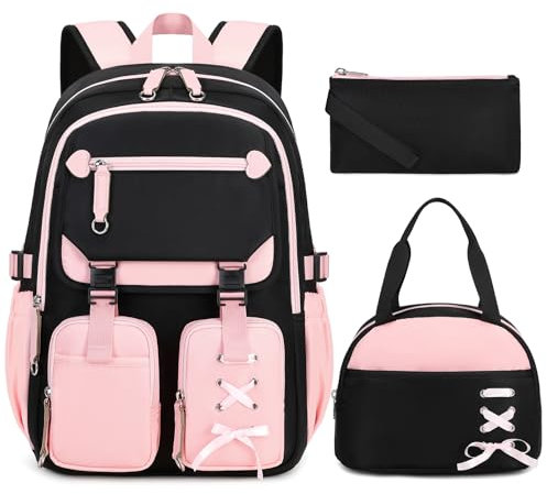 Tanou Schulrucksack Mädchen Teenager, 3-teilig Lässiger Schulranzen für Mädchen mit Lunchpaket Mäppchen, Stilvoll Mehrere Fächer Kinder Schultasche Casual Daypack, Rosa