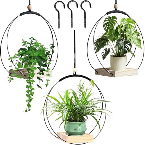 Pot De Fleur Suspendu D'IntéRieur,Pot Suspendu Plante Interieur MéTal Noir Avec Base En Bois,JardinièRe Suspendue Au Plafond,Pot Suspension Plante Pour Plantes D'IntéRieur,Plantes Grasses,Cactus. (3P)