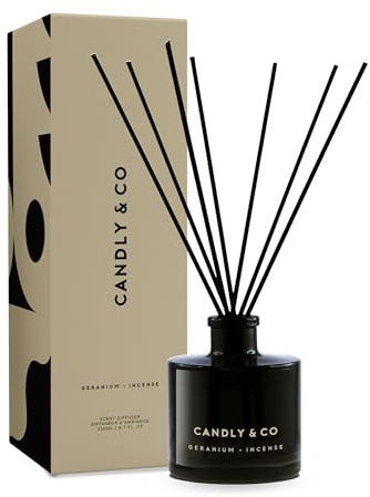 Candly&Co Raumduft mit Duftstäben, Nr.1 Geranie – Räucherstäbchen/Luxuriöse Duftstäbchen/Rauchglasflasche / 8 Stäbchen/ 200 ml