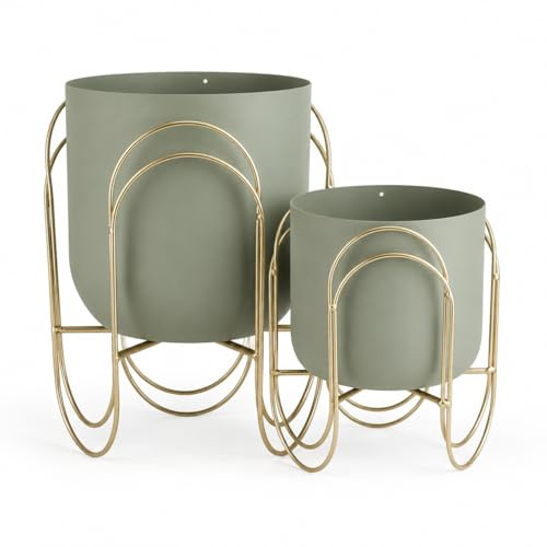 JHY DESIGN Set di 2 piccole fioriere in metallo con supporti, 29 cm e 20 cm, vasi da fiori verdi da interno, da tavolo, per piante grasse, erbe, mensole, davanzali, scrivania, cucina e soggiorno