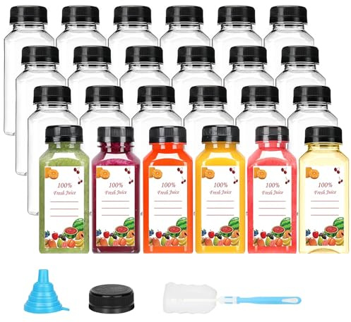 250 ml Plastic Juice Bottles 24 Pack Empty Plastic Water Bottles with Caps, Bulk Sell Reusable Clear Beverage Containers for Drinking, Juicing, Smoothie, Water with 1 Brushes, 1 Funnels, 24 Stickers
